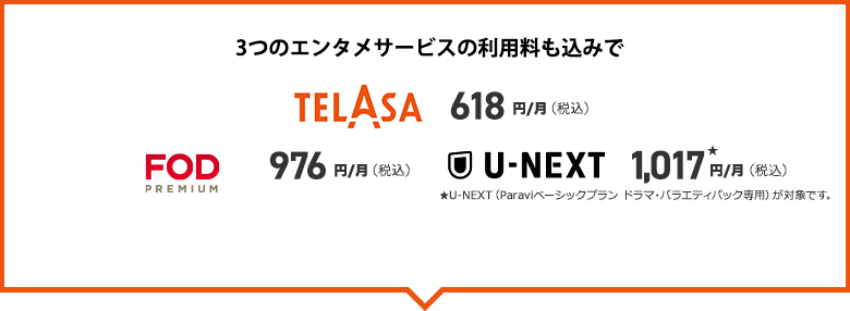 3つのエンタメサービスの利用料も込みでTELASA 618円/月、FODプレミアム 976円/月、U-NEXT 1,017円/月